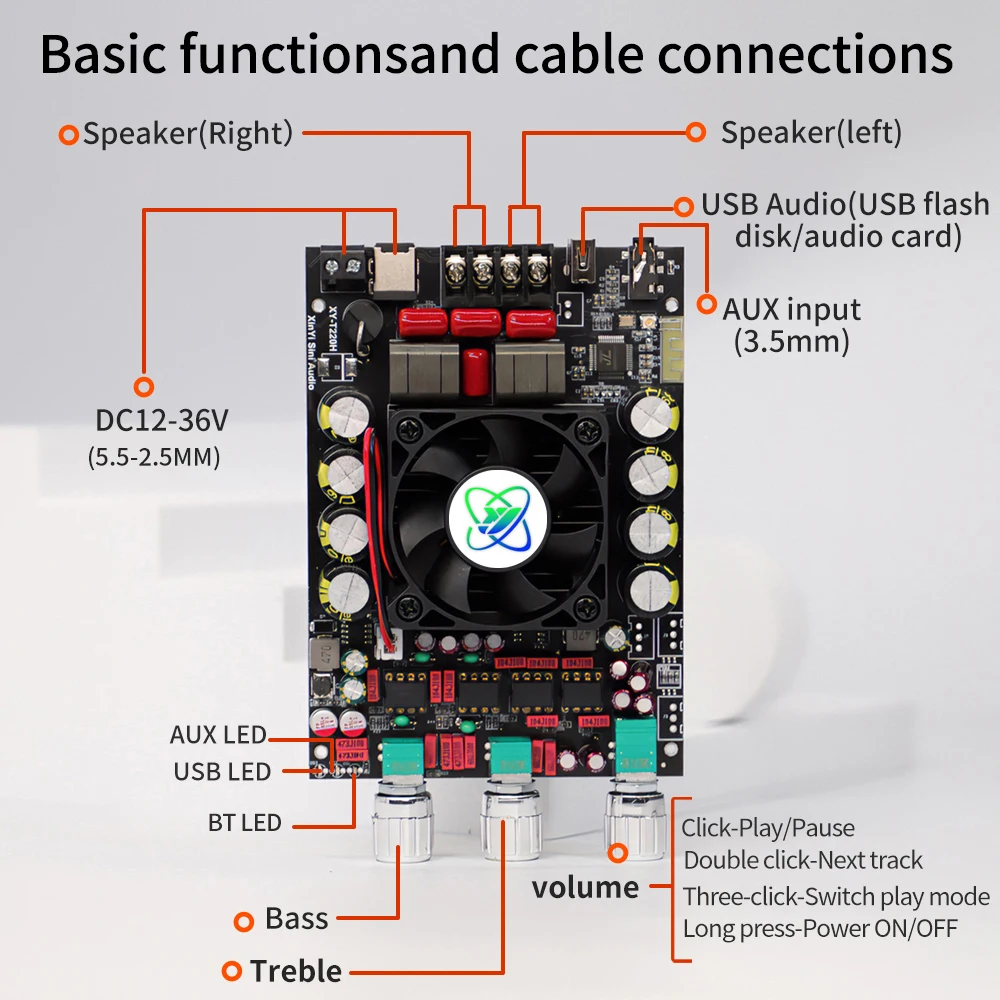 XY-T220H DC 12-36V/8A 220Wx2 Audiophile Bluetooth TPA3251 Audio Amplifier Board Module High Bass Adjustment Dual Channel Stereo