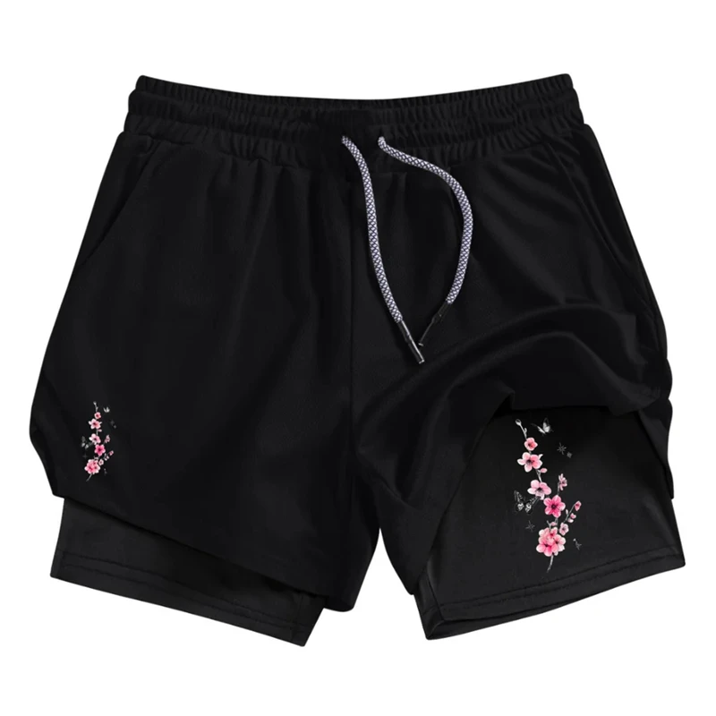 Red Lily Print 2 in 1 Shorts for Men Athletic Quick Dry Breathable Shorts with Phone Pocket Towel Loop Workout Running Shorts