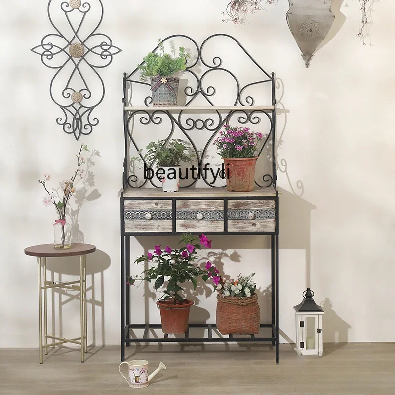 

ss7304American Gardening Table Wrought Iron Solid Wood Flower Stand Villa Garden Flower Planting Console Retro Decoration Shelf