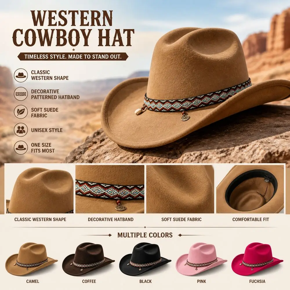 Suede Fabric Western Cowboy Hat Patterned Hatband Metal Accents Cowgirl Hat Structured Crown Wide Curved Brim