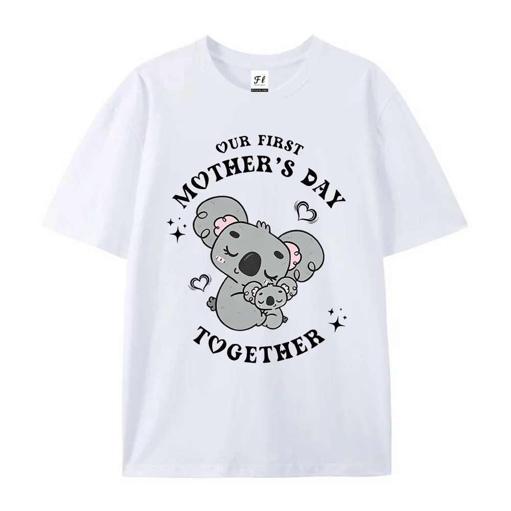 Women T Shirt Our First Mothers Day Together Cute Koala Print White Oversized Short Sleeve Cotton Top Loose Graphic Tees