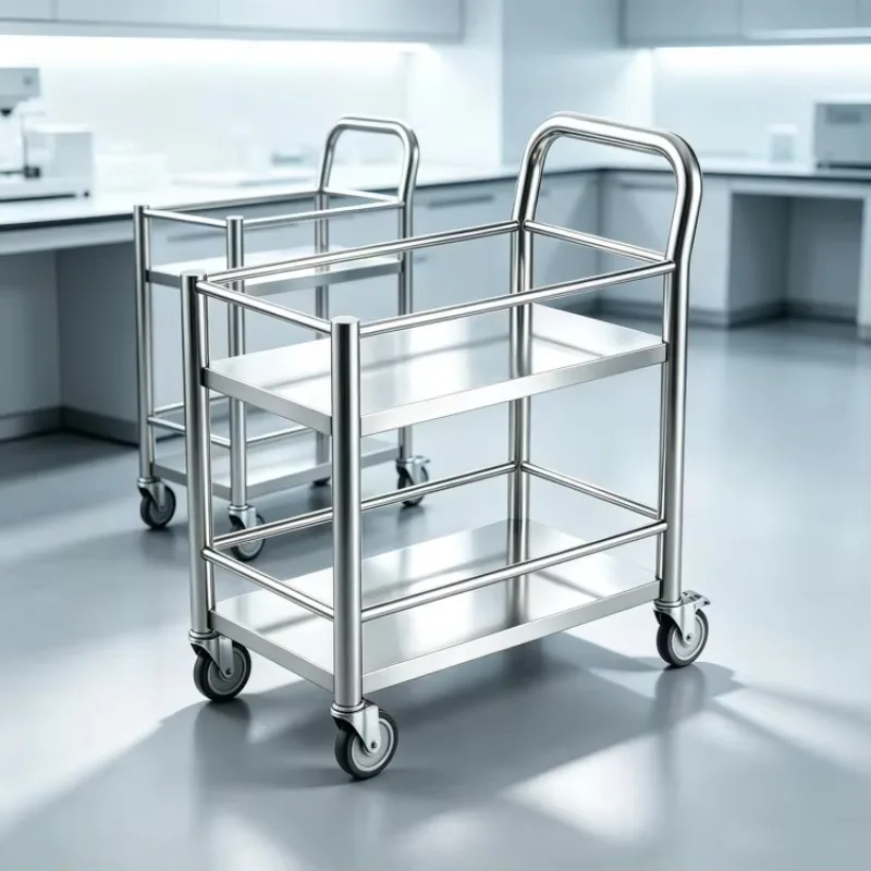 2 Tier Foldable 304 Stainless Steel Service Cart 250kg Load Lab Utility Trolley Shopping 5 Inch Silent Casters Heavy Duty