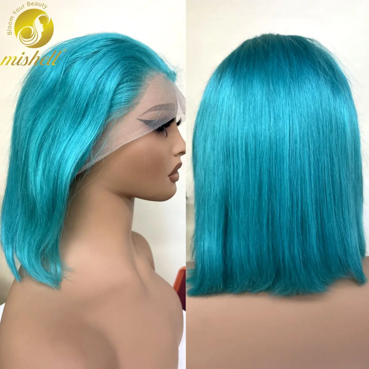 

200% Density Short Straight Light Blue Bob Human Hair Wig 13x4 Transparent Lace Front Wig Pre Plucked with Baby Hair for Women