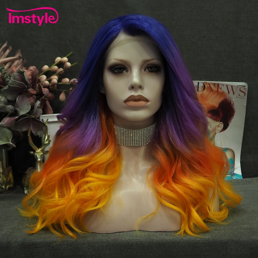 Imstyle Ombre Purple Orange Wig Synthetic Lace Front Wig Natural Wavy Colorful Wigs For Women Party Cosplay Wig Heat Resistant