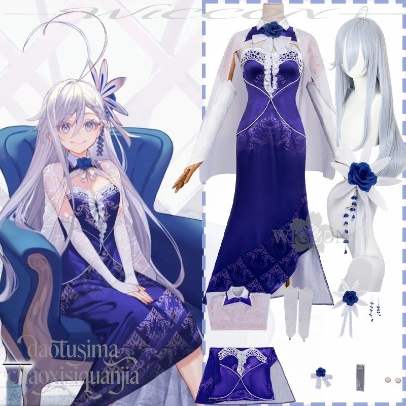 

86 Восемьдесят шесть Владилена Милизе Юбилейная кожа Косплей Костюм Длинное фиолетовое платье Головной убор с цветком Парик Рождество Хэллоуин