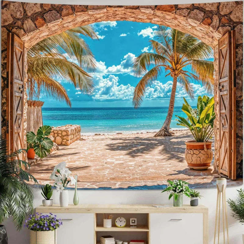 Tapeçaria VIKAMA Archway Seaview Tropical Palm Grove Beach para Decoração de Parede de Sala de Estar, Sofá, Quarto e Cabeceira