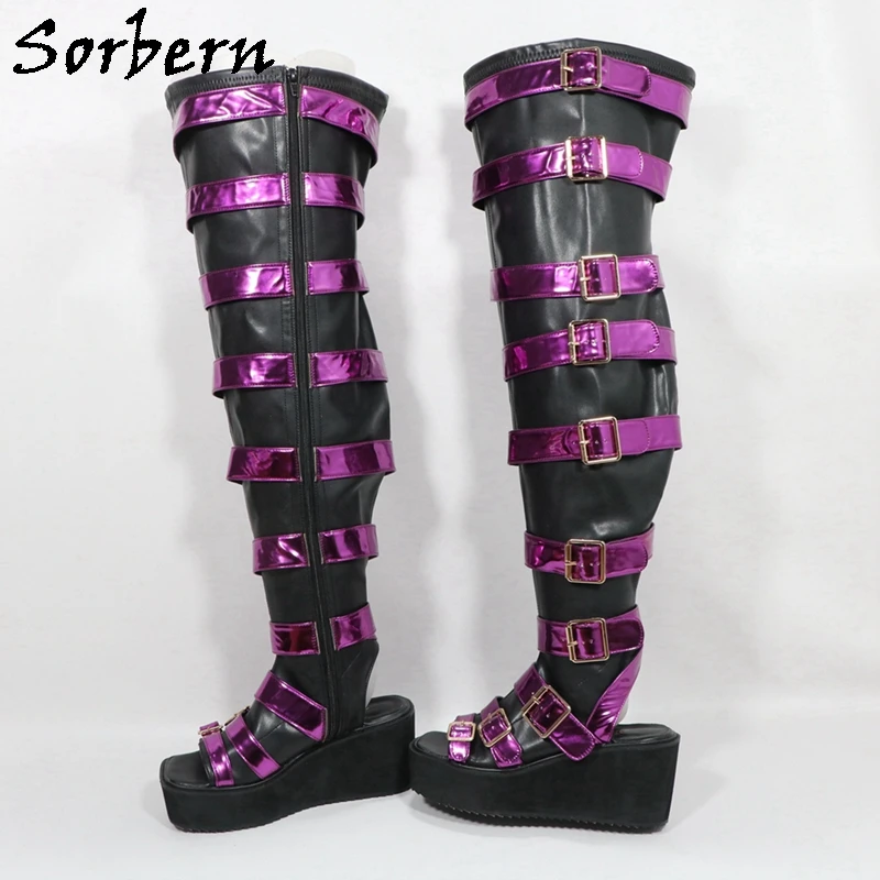 Sorbern Custom Flatform Wedge Boots Unisex Styles Purple Metallic Purple Straps Over The Knee Boots For Women Open Toe Zipper Up