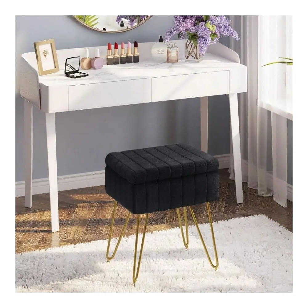 Vanity Stool Chair Faux Fur With Storage, 15.7 L X 11.8 W X 19.4 H Soft Ottoman 4 Metal Legs With AntiSlip Feet, Furry Padded S