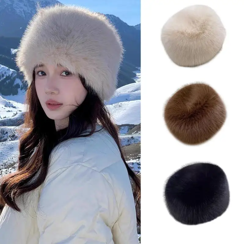 

Artificial Fur Russian Hat Winter Outdoor Windproof Bucket Hats Warm Ear Protection Snow Ski Cap Female Faux Fox Fur Bomber Caps