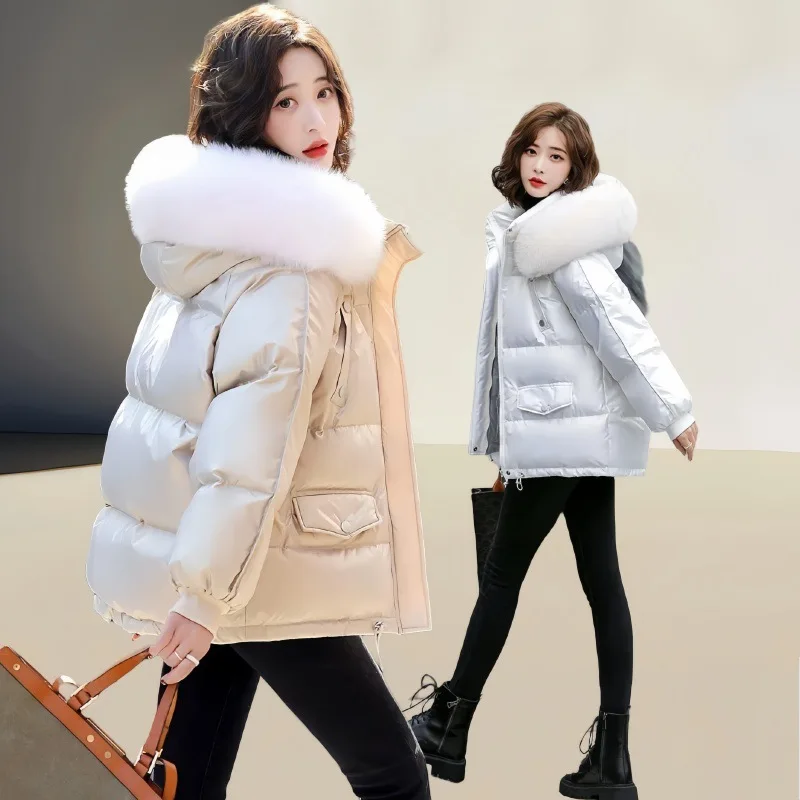Down and Cotton Jacket Women's Short 2025 New Korean Fashion Down Jackets Shiny Cotton Jacket Loose and Stylish Warm Coat