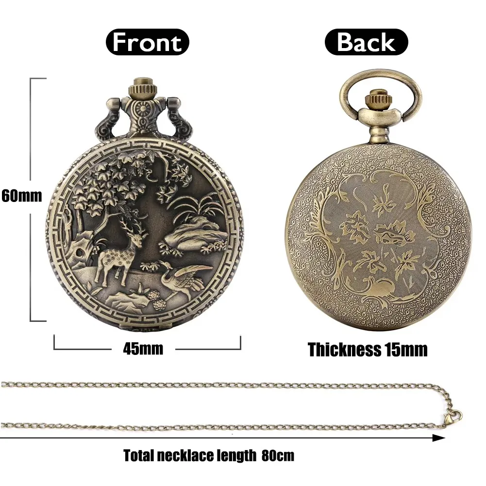 Necklace Chain Old Clock Antique Steampunk Quartz Analog Full Hunter Pocket Watch With Deer