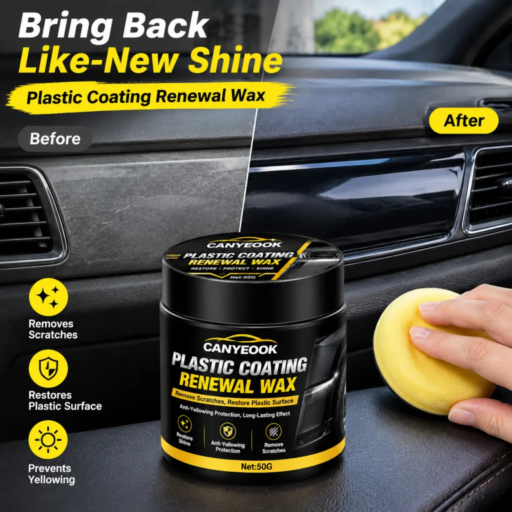 CANYEOOK Plastic Coating Restorer Wax 50g, Restore Black Shine, Remove Scratches on Car Trim Bumpers, Anti-Yellowing Protection