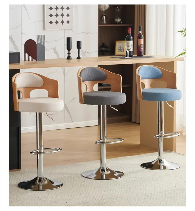 ee-Creative Solid Wood Back Fabric Bar Chair Lift Rotation Home Island Style High Foot Dining Stools Cafe Leisure Foot Stools