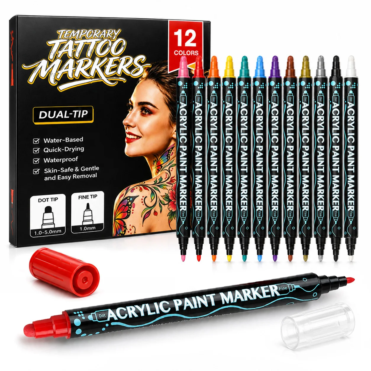 12Colors Dual‑Tip Temporary Tattoo Markers Water‑Based Quick Dry Body Paint Pen Easy Removable Cosplay Party Skin Art Drawing