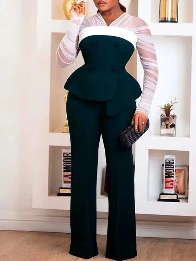 Women Elegant Two Piece Pants Set Female Office Wear White Mesh Sleeves Slim Top and Slacks Pant Sets Sexy Chic Spring Outfits