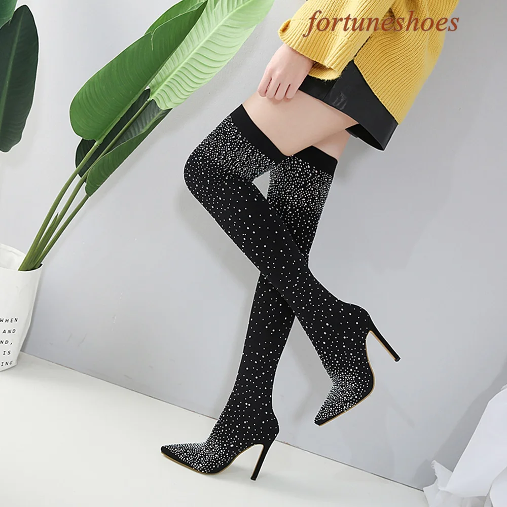 Rhinestone Crystal Pointed Toe Stiletto Pumps Slip On Solid Black Sock Women Boots Sexy Party Casual Fashion Over The Knee Boots