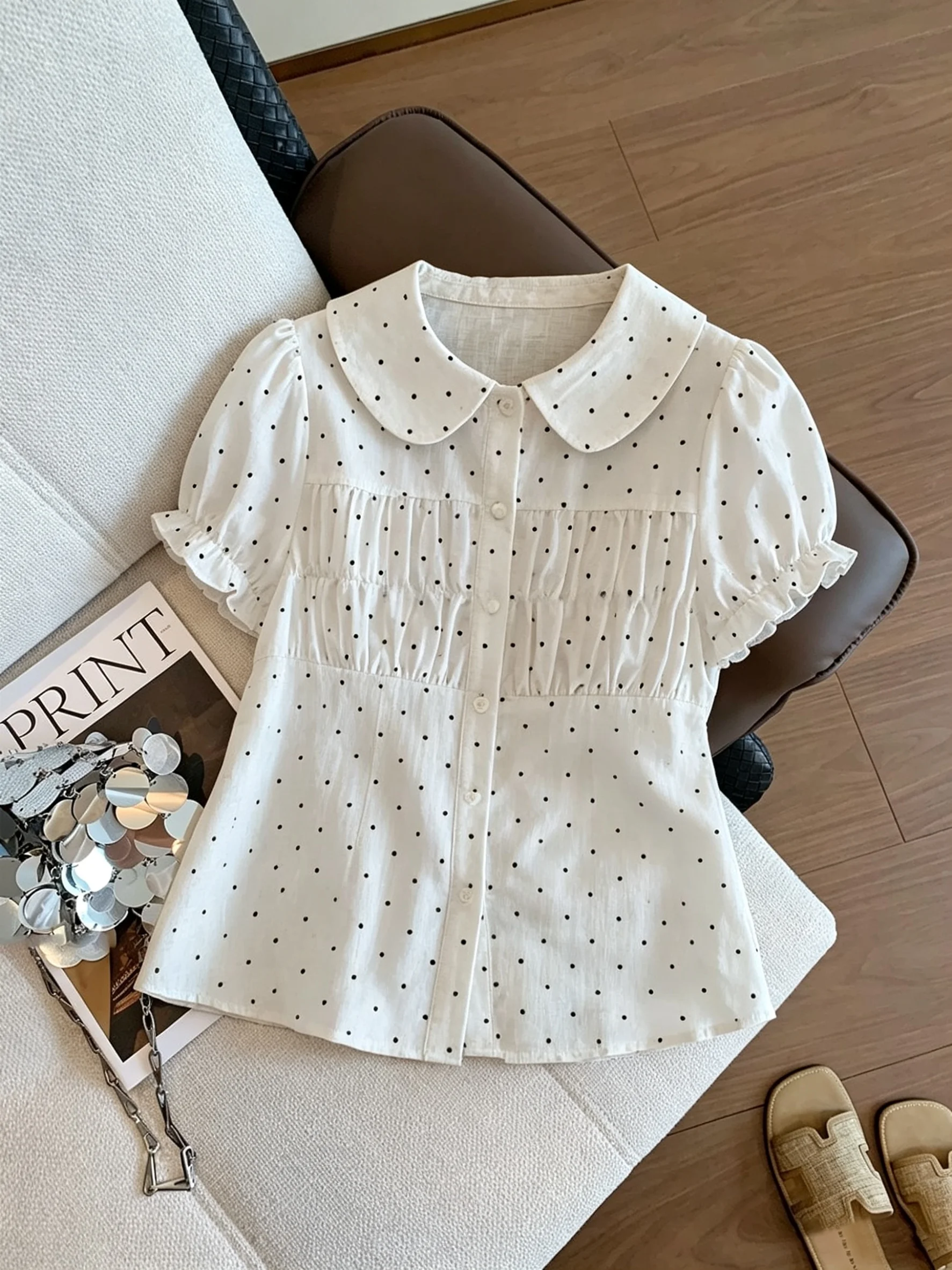 

Sweet Polka Dot Waist-Cinching Shirt Bubble Sleeve Doll Collar Top for Men And Women Summer Fashionable Casual Blouse
