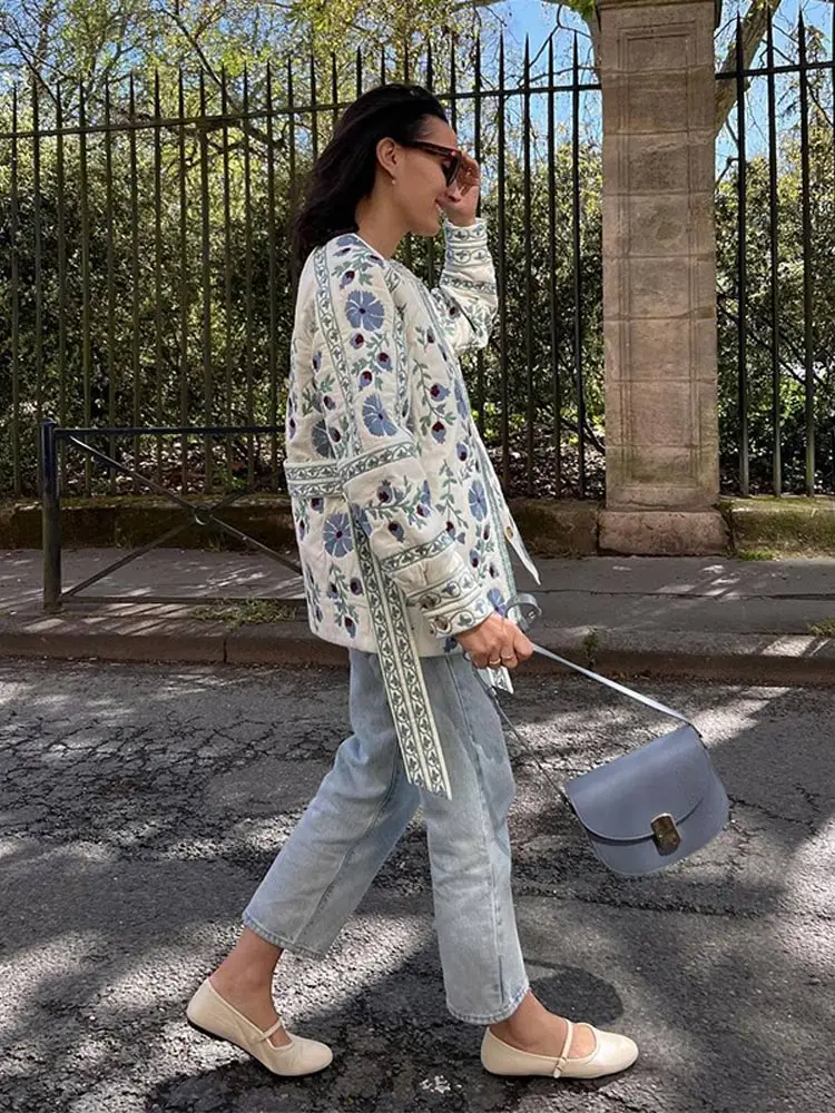 Abrigo de algodón con estampado Floral y cinturón para mujer, chaqueta de manga larga con cuello redondo, botonadura única, ropa de calle cálida e