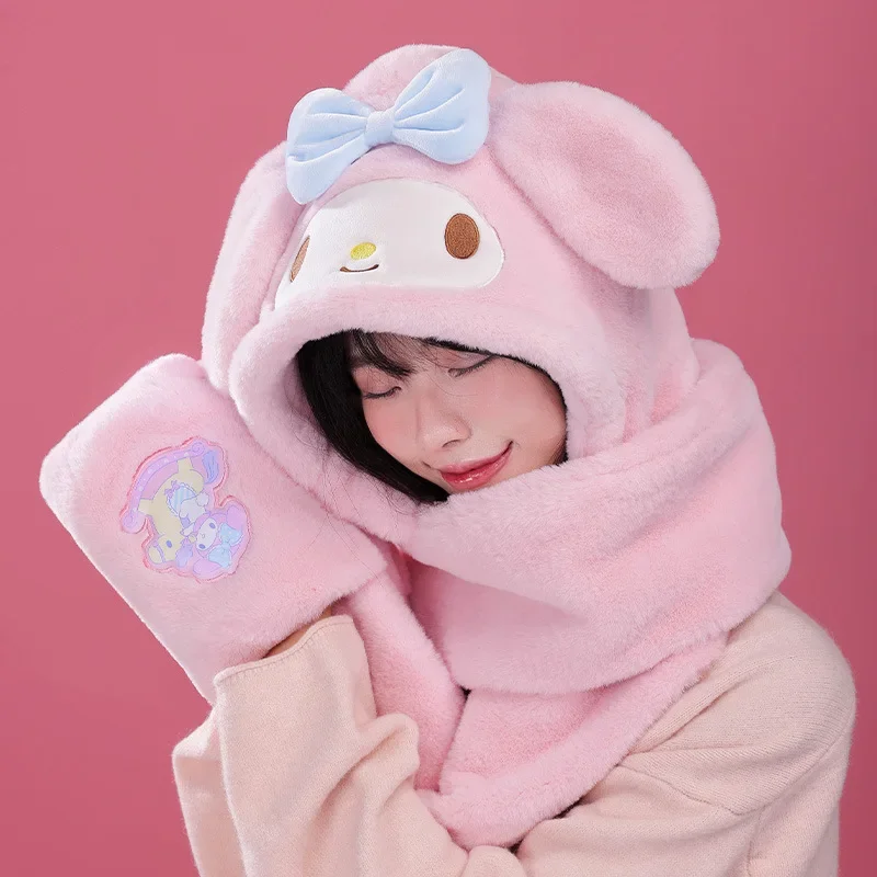 

Cute Sanrio Cartoon Three-piece Set Hellokitty Melody Warm Plush Gloves One-piece Hooded Thickened Winter Scarf Gift for Women