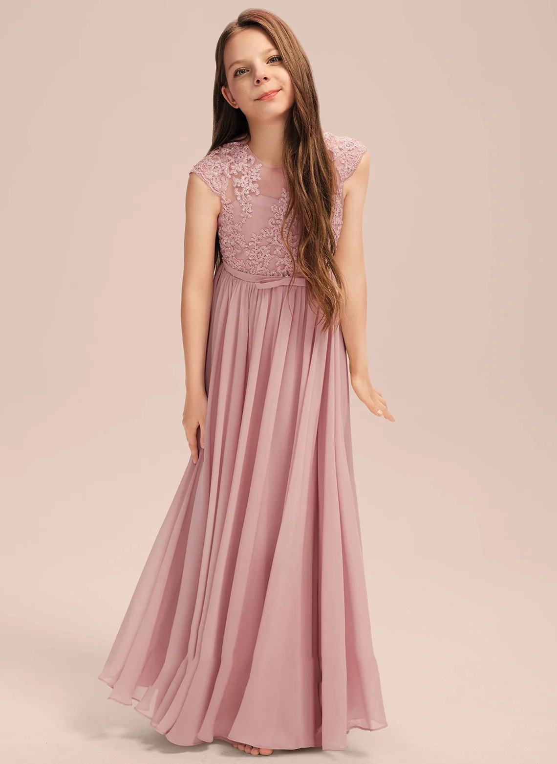 

YZYmanualroom Junior Bridesmaid Dress A Line Scoop Floor Length Chiffon Lace With Bow Pleated Pageant Evening Dresses