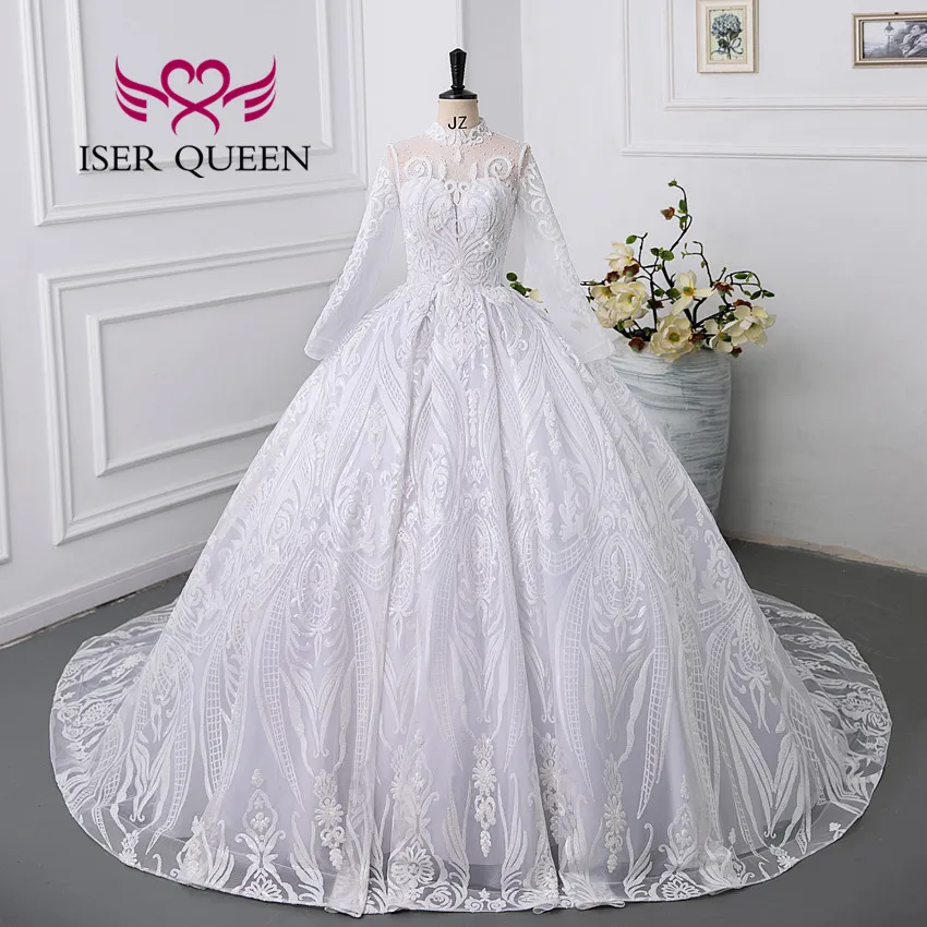 

High Collar Customized Luxury Wedding Dresses Long Sleeves Small Pearls Beaded Lace Wedding Dress Ball Gown WX0325