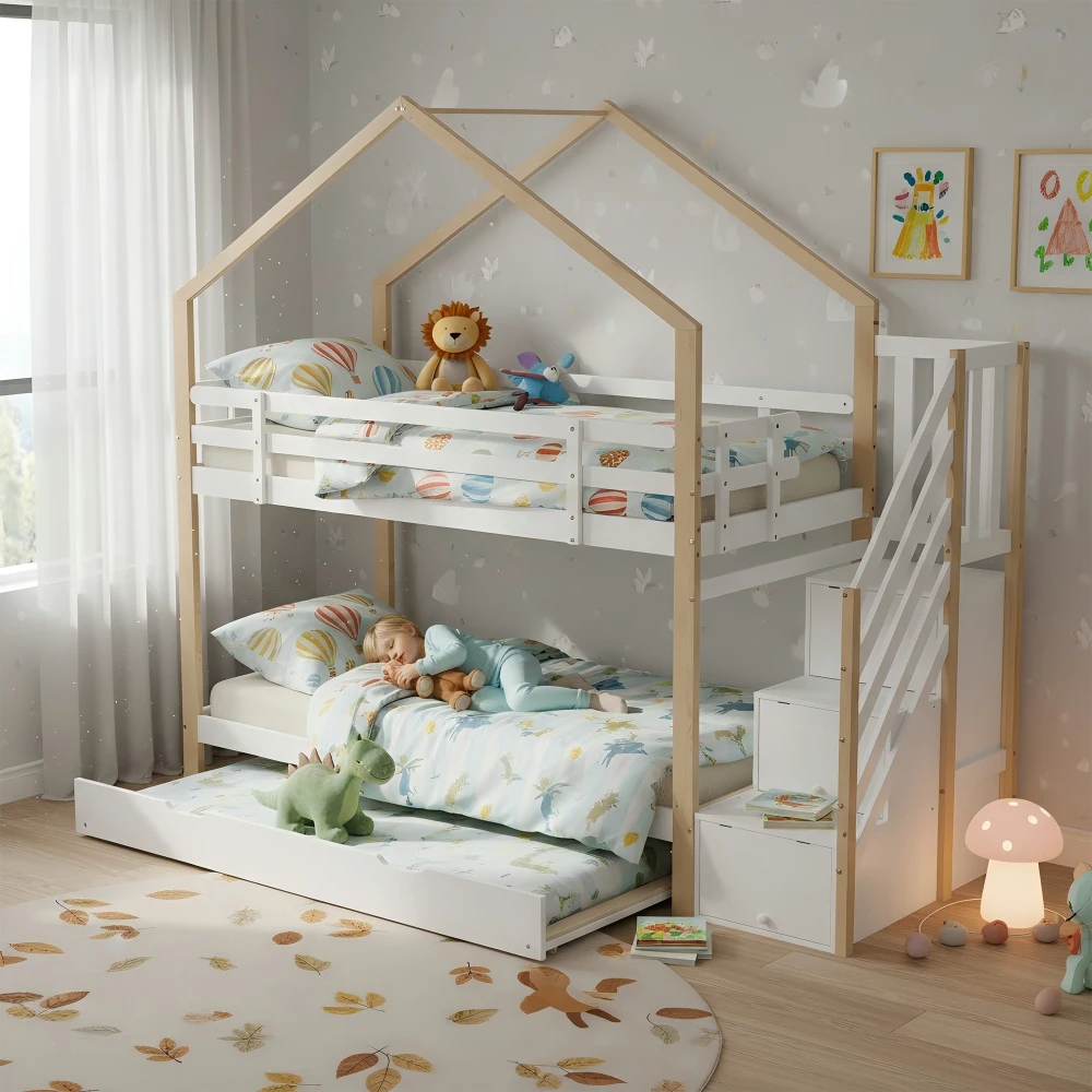 PINGGO Naturweißes Holzhausbett 90x200+90x190cm Kinder-Etagenbett mit Rutsche, Treppe, 3 Schubladen, Sicherheitsgeländer, ohne Matratze – Detail 5