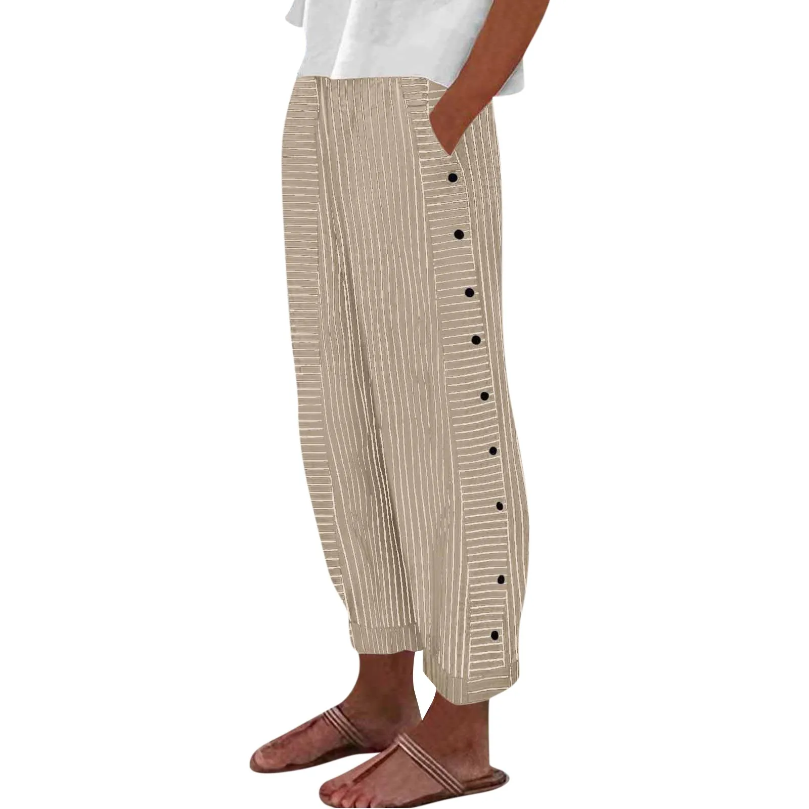 

Side Button Up Trendy Pants Baggy Elastic Waist Straight Leg Comfort Trousers With Pocket Women Casual And Daliy Stripe Print