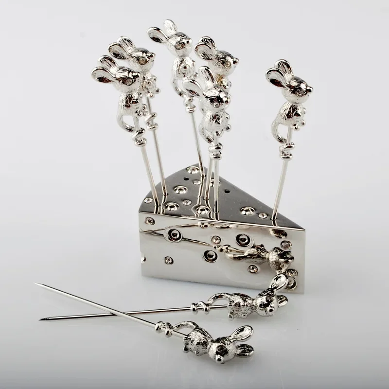 Stainless Steel Fruit Fork Creative Fruit Toothpick Set Mouse Shape Cheese Base Small Cake Forks Metal Home Kitchen Utensils