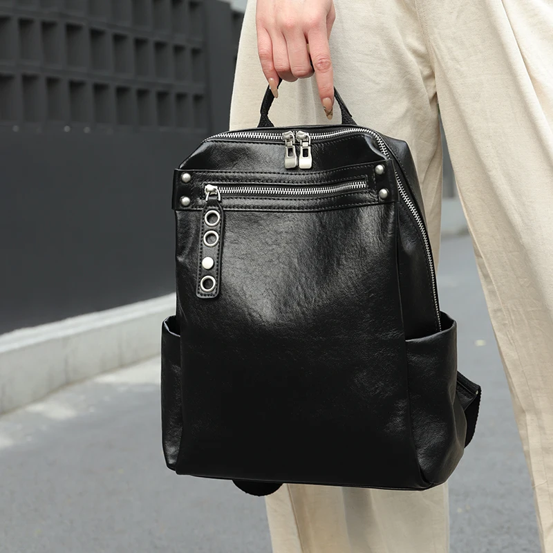 

Luxury Desig Top grain Genuine Cowhide Leather Women Backpack Daily Travel School Backpack Retro Double Shoulder Strap Bag