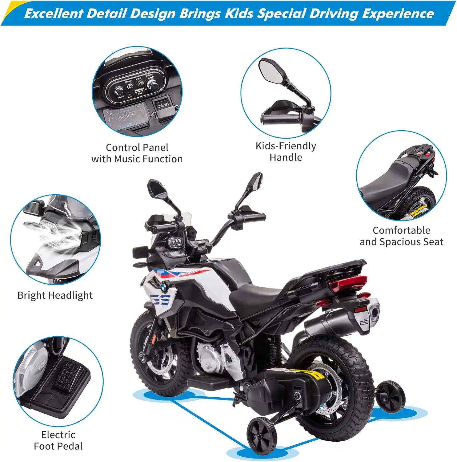 12V 7AH 오토바이 타기, 라이센스 어린이 오토바이, 고속/저속, EVA 타이어, LED 헤드라이트, 스프링 서스펜션, 음악, 타기