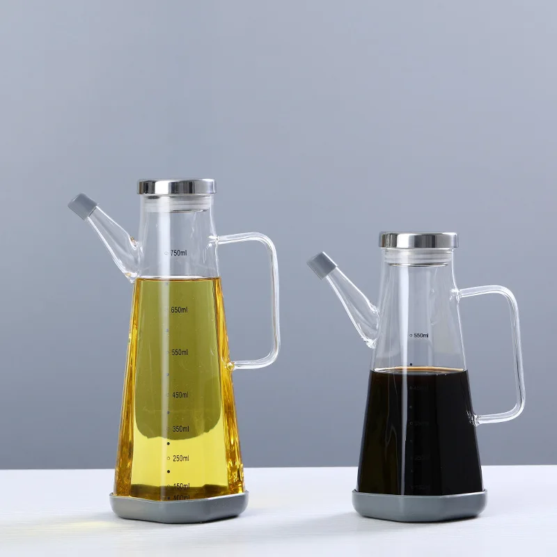 550/750ml Square Bottomed Glass Oil Pot Household Large Capacity Soy Sauce Seasoning Oil Vinegar Bottle Kitchen Use Oil Bottle