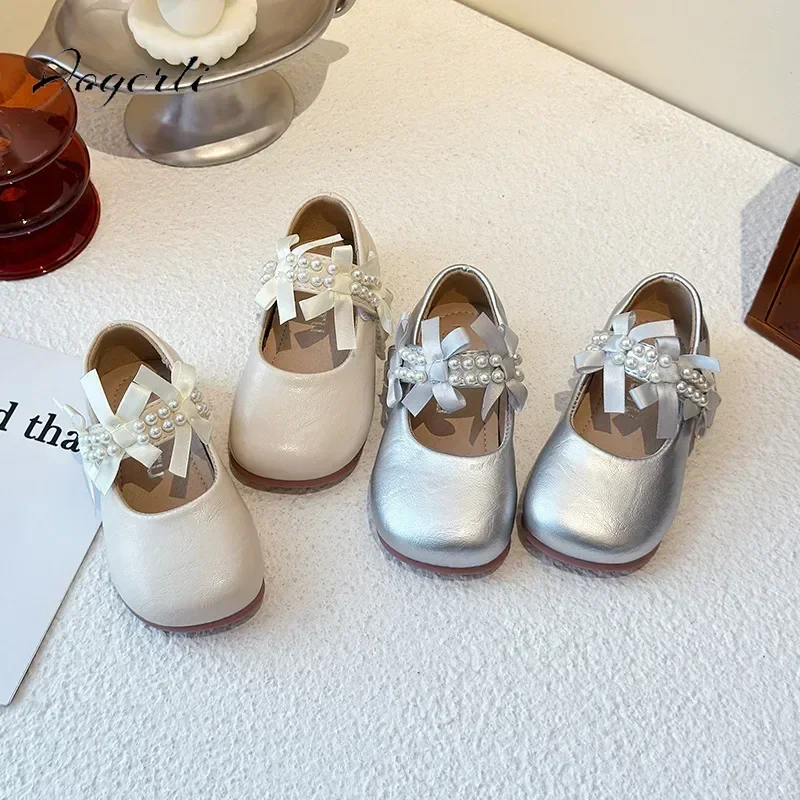 

Kids Girls Spring Autumn New Small PU Leather Shoes Bow Square Mouth Shoes Soft Sole Non-slip Loafer Flats Size 23-34