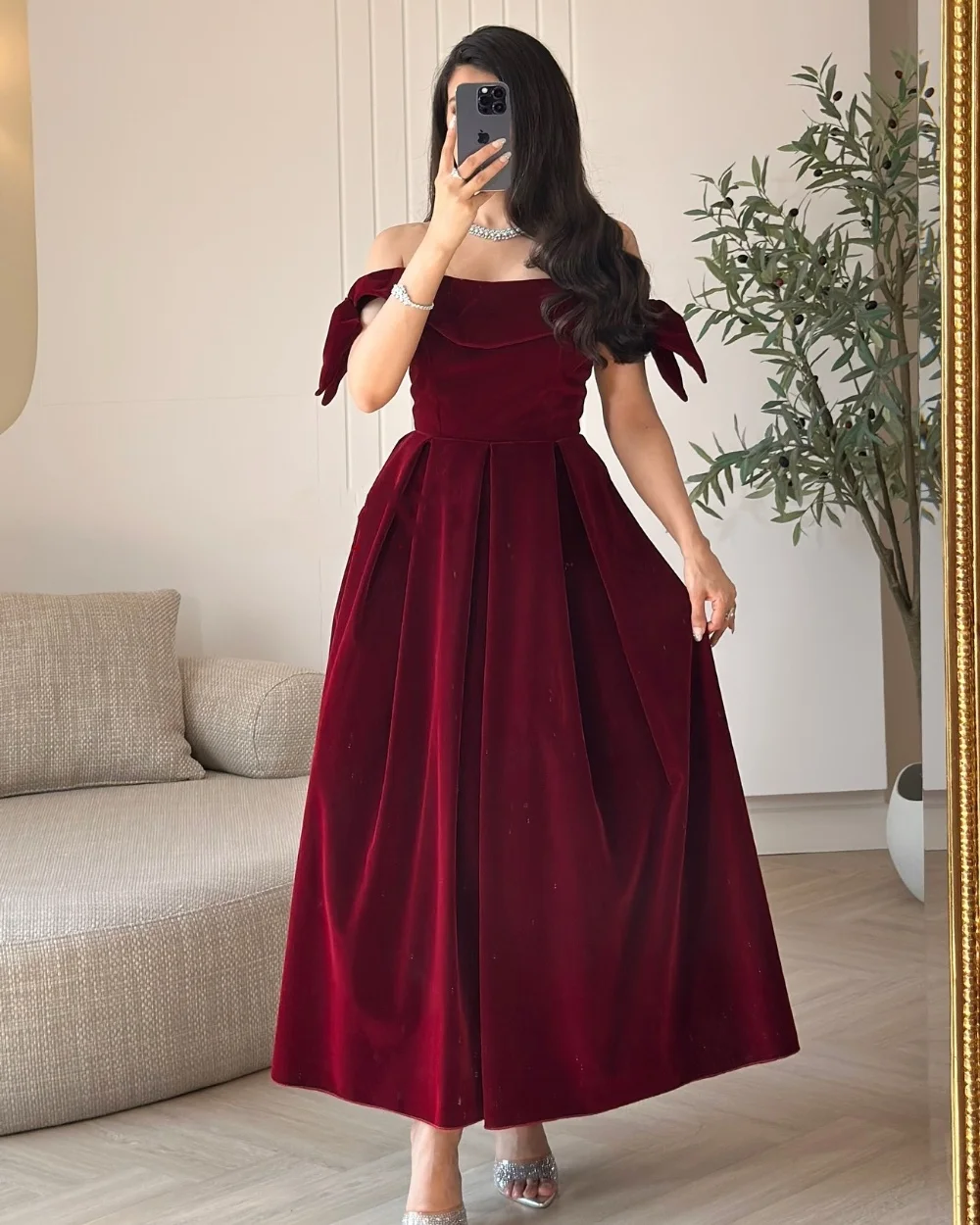 

Customized Exquisite Elegant Velour Pleat Bow A-line Off-the-shoulder Midi Dresses Bespoke Occasion Dresses Sizes Available