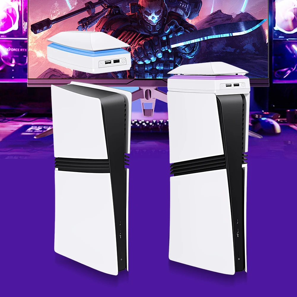 مروحة تبريد علوية لمبرد مضيف الألعاب PS 5 Pro مع ضوء RGB ومنافذ USB 3 سرعات لقرص PlayStation 5 Pro والإصدار الرقمي