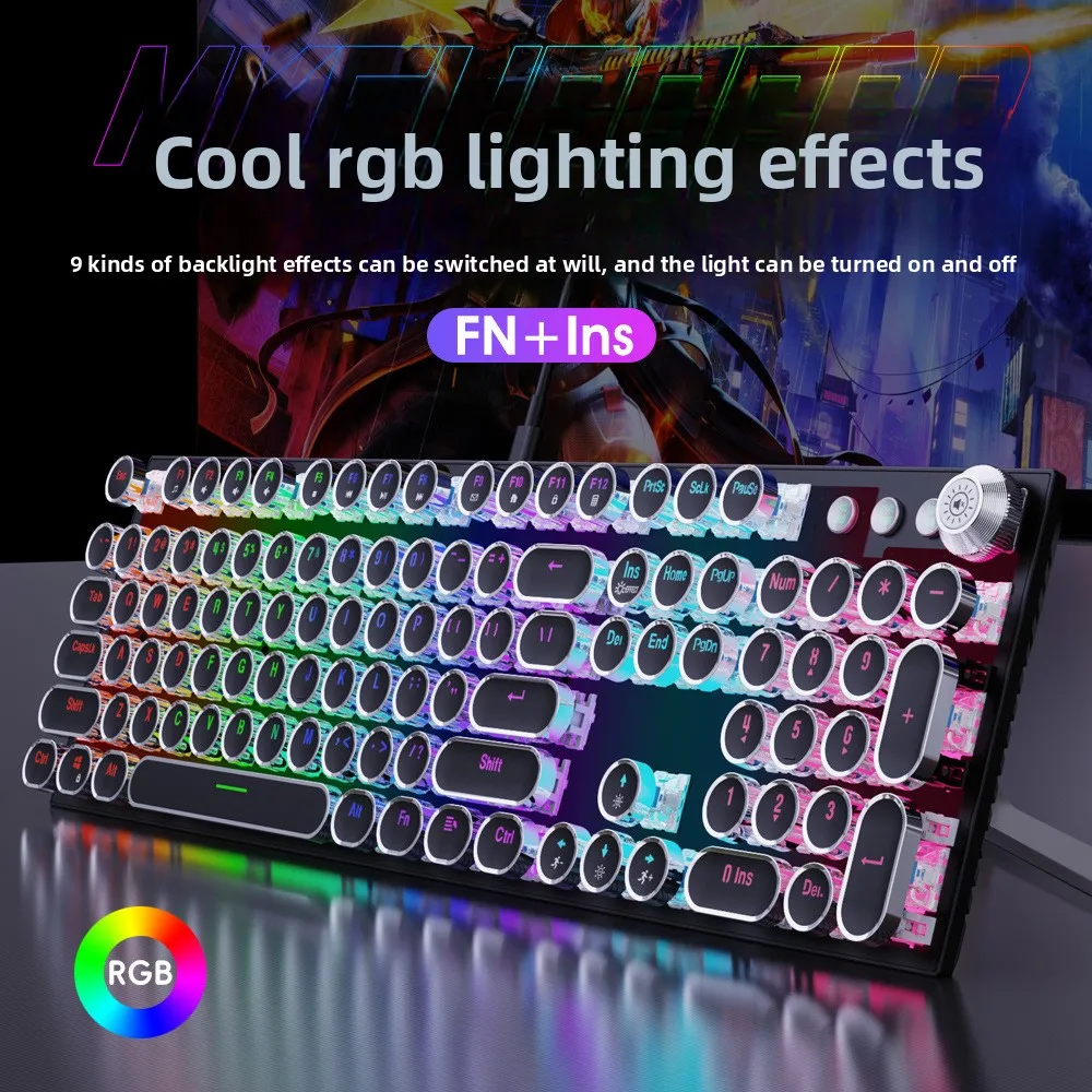 Retro Steampunk Wired Mechanical Keyboard Rotary Knob Hot Swappable Blue Switches Electroplated Keycaps Keys Rgb Backlight