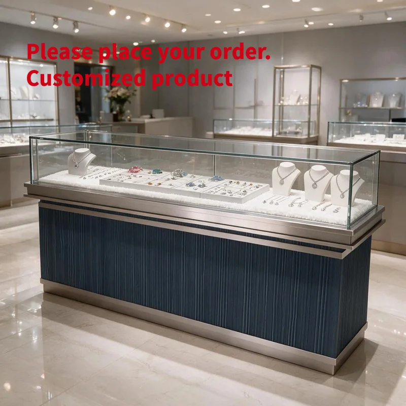 custom.Jewelry Boutique Shopfitting Display Solution Stainless Steel Counter Tower Wall Showcase Blue Velvet LED Tempered