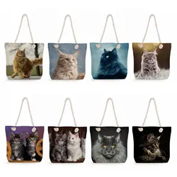 Maine Coon Cat Print Handbags Groceries Women Shopping Bags Large Capacity Shoulder Bag Teacher Office Tote Thick Rope Beach Bag