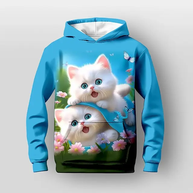 Bloemen Cartoon Kat 3D Print Hoodies Dames Oversized Sweatshirt Met Capuchon Straat Y2K Tops Trainingspak Unisex Jas Kleding