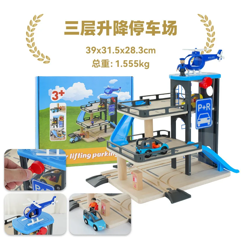 ملحقات مسار القطار البرجي، لعبة تزيين المشهد، محطة جسر نفق مرتفعة، لعبة مسار البناء مع قطار خشبي #6