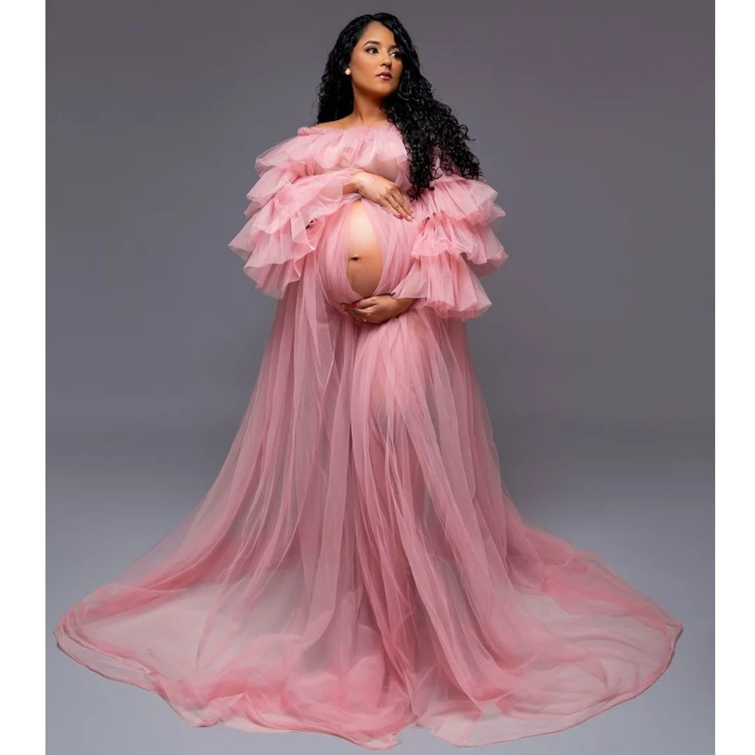 Pink Prom Dresses Layers Long Sleeve Maternity Dress Customized Transparent vestido de novia Photography Props
