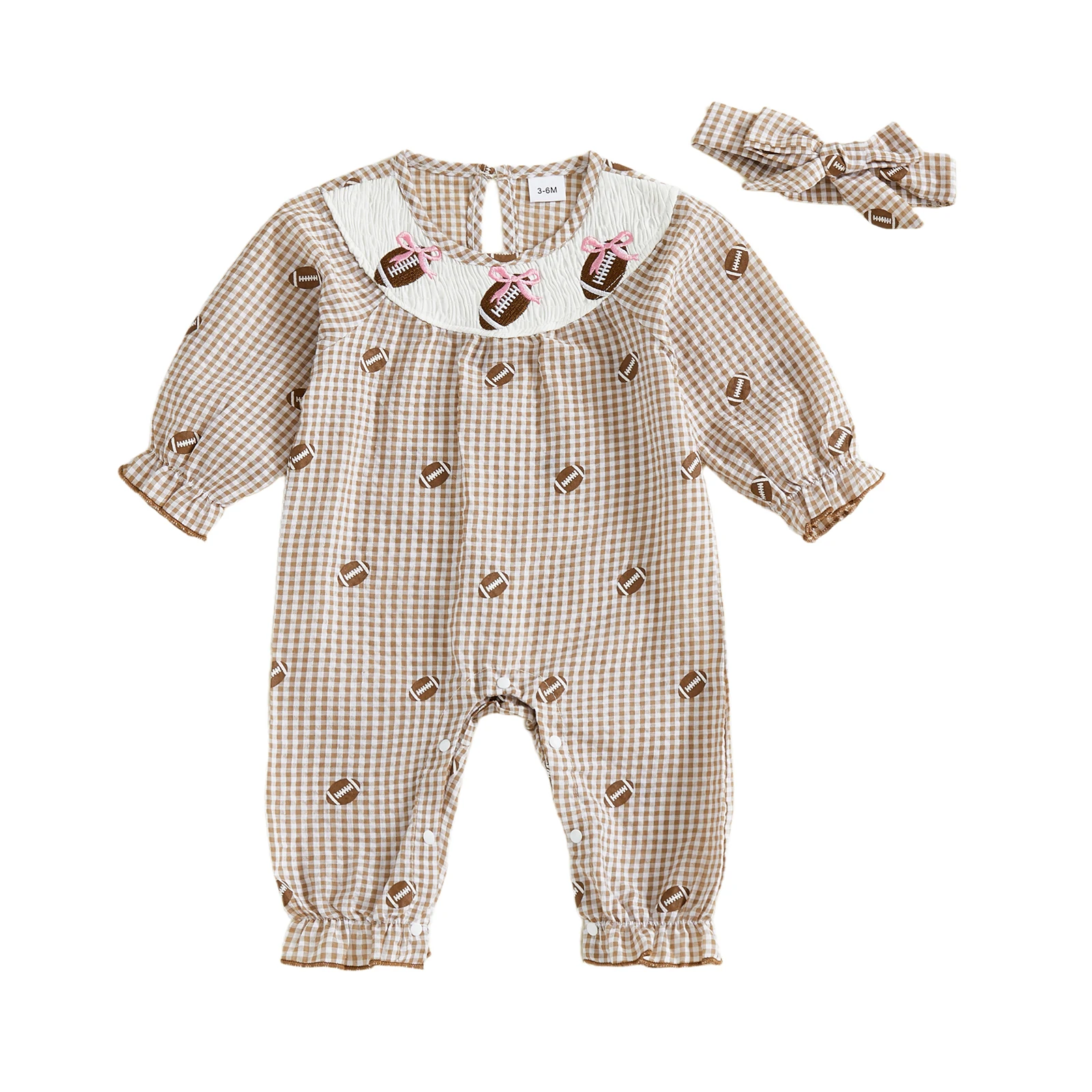 

Baby Girls Fall Romper Plaid Print Football Embroidery Long Sleeve Round Neck Jumpsuit with Headband