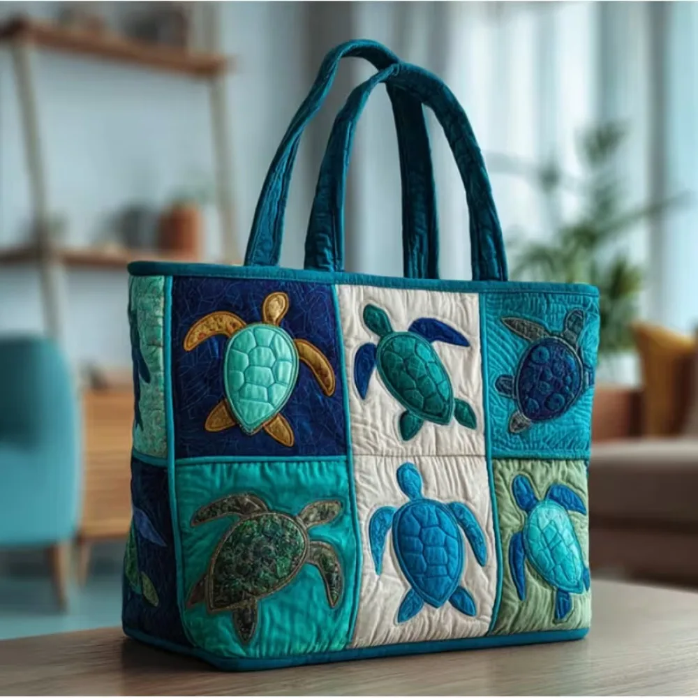 3D Printed Sea Turtle Patchwork Tote Bag Ocean Folk Art Turtle Shoulder Bag Large Capacity Shopping Handbag Gift for Sea Lovers