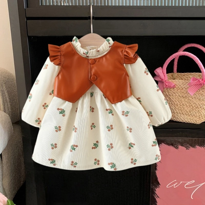 

Flower Printed Long Sleeved Dress Leather Vest Fake Two-Piece Dress for Baby Girl 0-2 Years Old