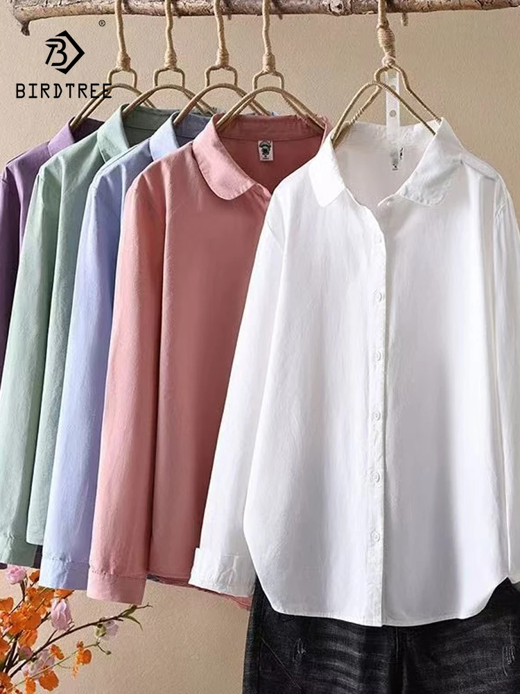 

New 2025 Autumn Cotton Long Sleeve Shirt, Women Turn-down Collar Solid, Mori Girl Simplicity Casual Basic Loose Blouse T58480CC