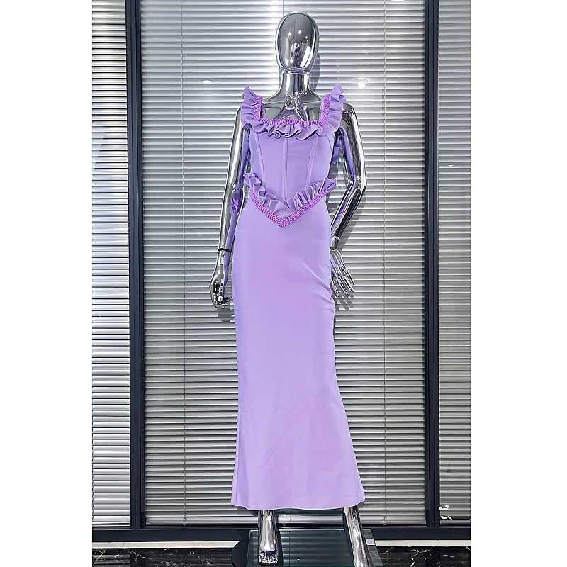 

Новое фиолетовое цветное изысканное бандажное платье длиной до щиколотки с оборками и бисером, элегантное женское праздничное платье, наряд для коктейльной вечеринки