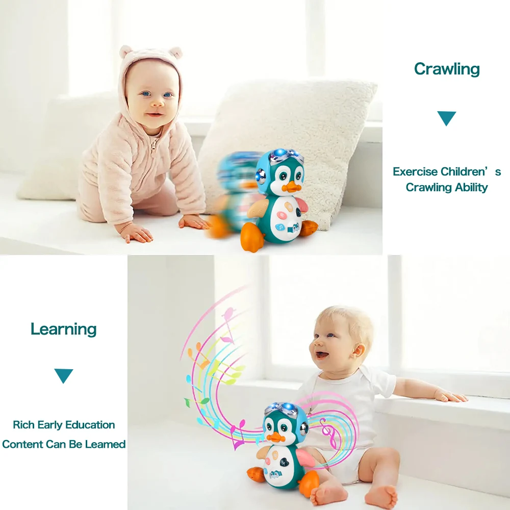 Pingüino Musical, juguetes para gatear para bebés con luz, juguetes para caminar y bailar, desarrollo interactivo para niños pequeños, regalo para el tiempo de la barriga