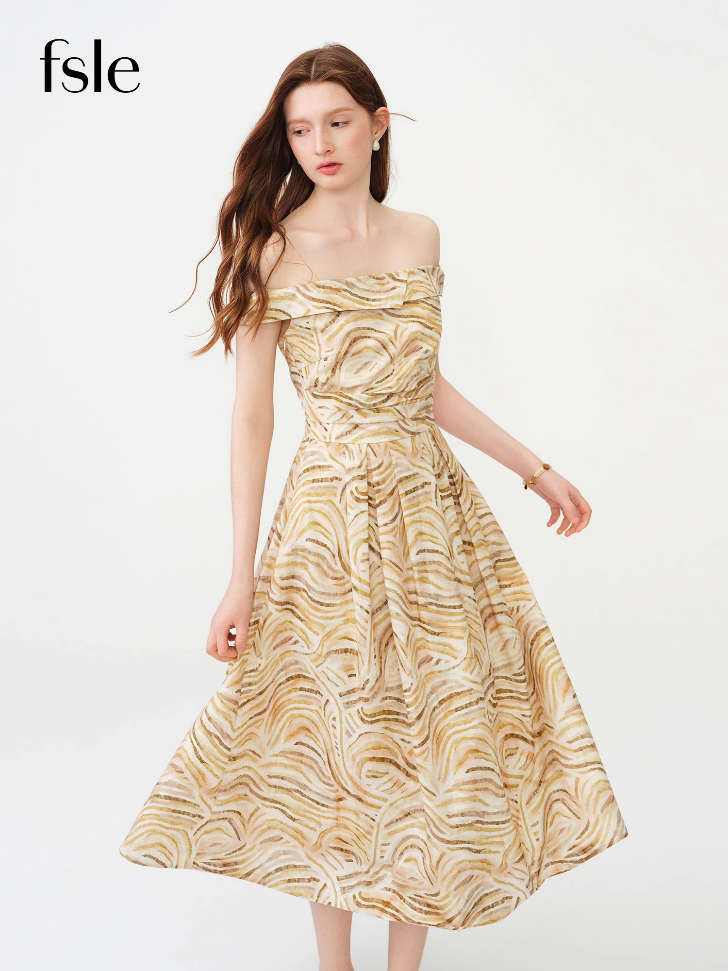 

Женское летнее платье FSLE с открытыми плечами и волнообразным принтом, новинка 2026 года, из хлопка и льна, для пляжного отдыха, макси-платье