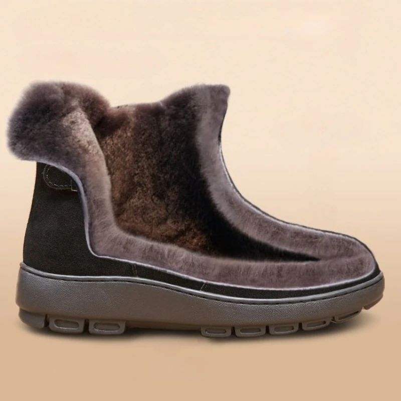 Women Cow Suede Ankle Boots Wool Lined Warm Winter Turn Down Fur Collar Side Zipper Non Slip Wedge Sole Snow Boots