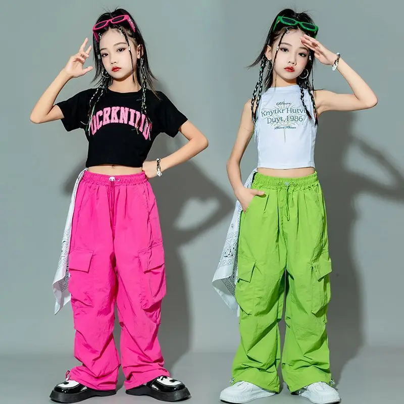 5-14Y Kids Hip Hop Joggers Pants Girls Cargo Pants Teenage Straight Trousers High Waist Vintage Casual Streetwear Baggy Pants