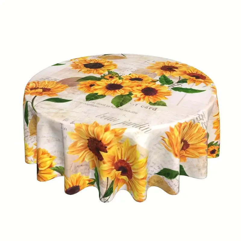 1PC Sunflower Round Tablecloths, Summer Style Vintage Bohemian Table Cover, Stain Resistant And Waterproof, Wrinkle Resistant Ta